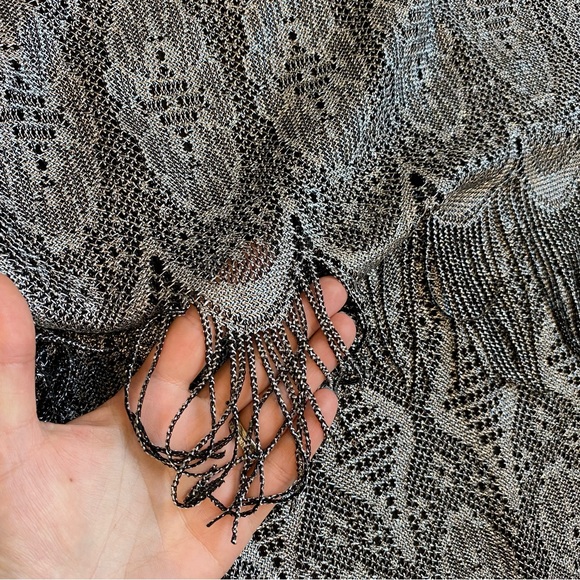 Vintage CARTISE Dress, Silver Crochet Knit, Maxi, Fringe, Black Lining, (US M) - Picture 15 of 16